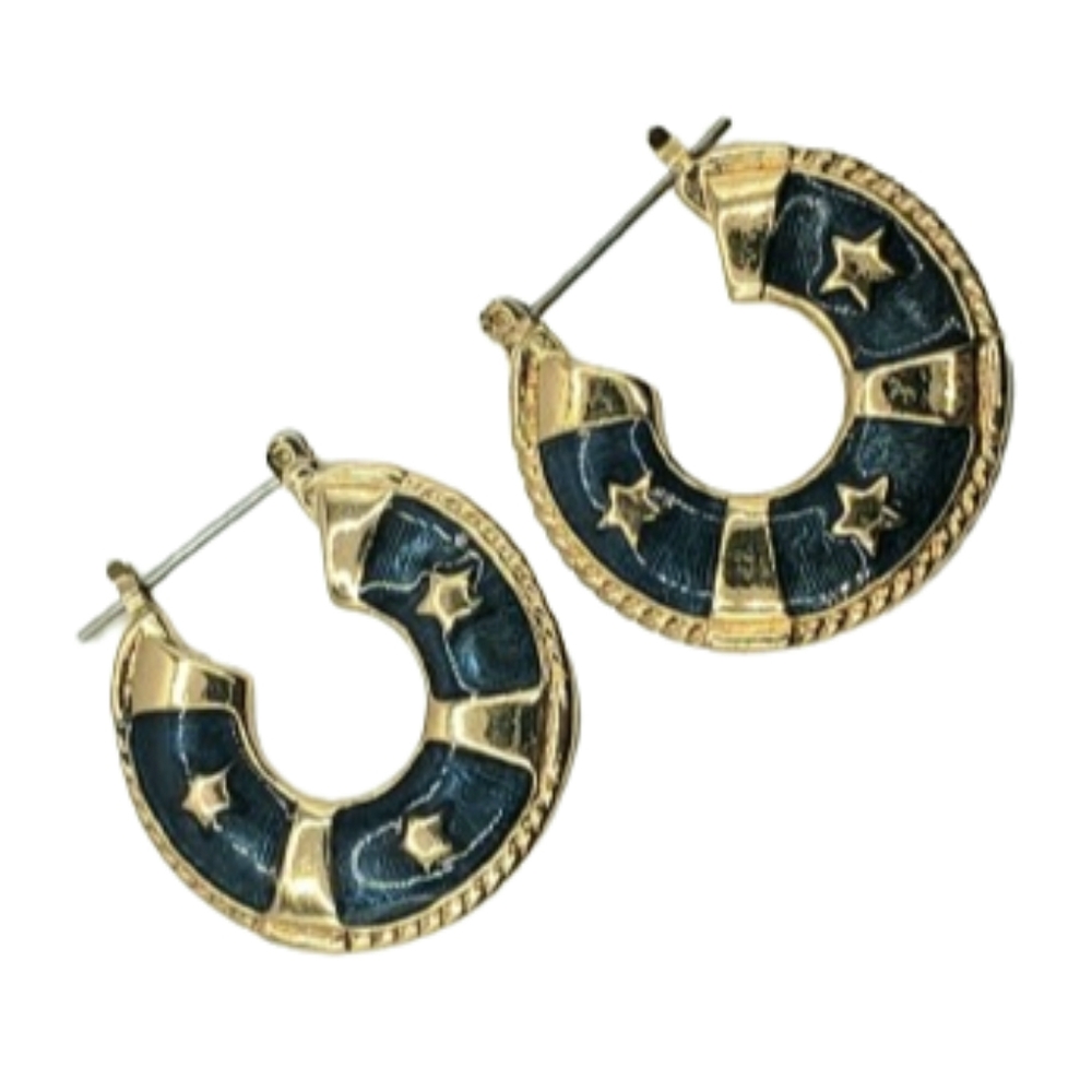 Western Gold and Navy Star Hoops Earrings 0082